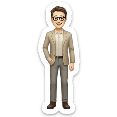 Joyful Full height Pale skinned Fit Man With dark brown hair in gray jacket, beige office shirt, Brown pants and vintage glasses. His thrumbs up sticker