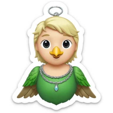 un oiseau classique tout vert avec un collier autour de son cou avec des breloque argentées et un seul poil blond qui fait une petite bouclette sur le front le collier est autour du coup de l’oiseau entre la tête et le corps sticker