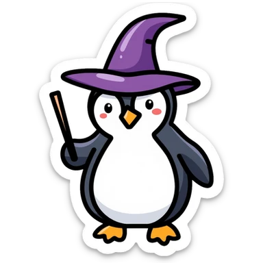 wizard penguin wearing a pointy wizard hat and holding a magic wand sticker