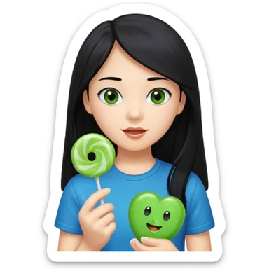 A girl with long black hair and black eyes wearing a blue t-shirt holding a piece of green hard candy in one hand and a green candy wrapper showing a guava on it in the other hand sticker