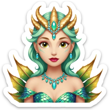 Am amazing blend of a half dragon woman with glittering jeweled scales covering her body. She has large almond shaped eyes, lush lips, and she wears a stunning luminescent gown. sticker