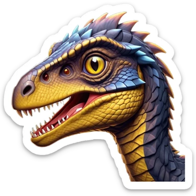 Cinematic Noble Jurassic Velociraptor Portrait Emoji, Poised and menacing, with a sleek, muscular build clad in dark, scaly skin reminiscent of Jurassic Park’s iconic raptor, a sharply curved snout and piercing, intelligent eyes that exude predatory cunning, Simplified yet boldly defined features, highly detailed, glowing with a cool, ominous radiance, high shine, intelligent and relentless, stylized with an air of cinematic prehistoric authority, focused and alert, soft glowing outline, capturing the essence of a watchful and confident Jurassic Velociraptor that appears ready to dash out of the screen with effortless power! sticker