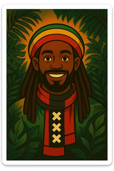 “Create a powerful illustrated portrait of a smiling man with long dreadlocks, wearing a colorful red, gold, and green knitted tam. The background has jungle leaves and warm lighting. Style: vibrant digital art, modern, bold lines, reggae vibe. With a Amsterdam colour scarf around his neck I gave a idea sticker
