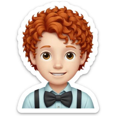 redhead kid with unique face features and very curly hair kid boy happy and braces on teeth, wearing a bow on head sticker