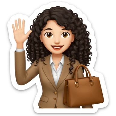 medium deep tan brown business woman with long black curly hair, waving hand with happy face with smile mouth and carrying bag on her shoulder sticker