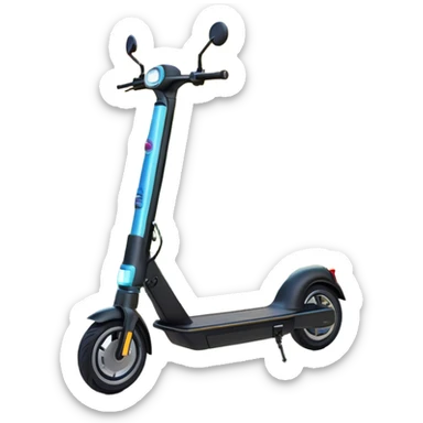 An icon featuring a sleek electric scooter parked on a scenic path. The background showcases a vibrant city park with green trees, flowers, and a clear blue sky. The sun sets in the distance, casting a warm golden glow on the landscape. Transparent background highlights the modern design of the scooter sticker