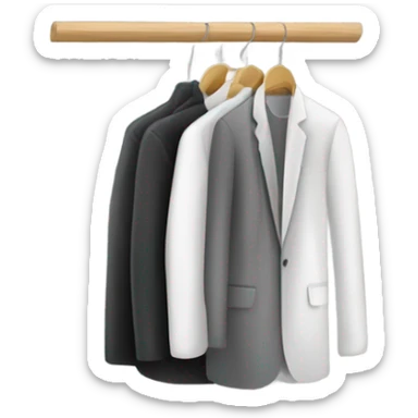 Design an emoji-style icon of an open wardrobe with clothes hanging inside. Include details like a wooden frame, hangers, and only black or white different clothing items such as shirts or any other clothing . Use a clean and minimalistic design. sticker