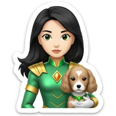 female green power ranger with wasian features, long black hair, and a fully light brown cockapoo dog at her side sticker