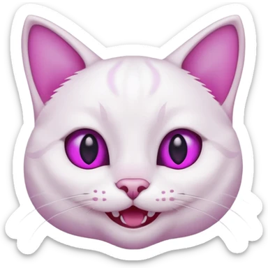 White cat happy smiling with teeth showing, light pink inner ears, magenta purple eyes, looks like discord's :smiley_cat: emoji sticker