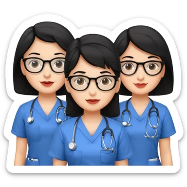 Genera un emogis con cuatro enfermeras pelinegra juntas, entre ellas una con lentes y otra con lunar encima del labio sticker
