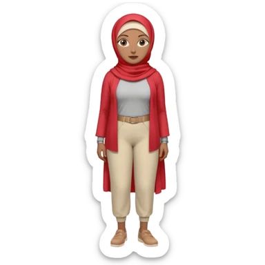 Heavy-set woman with medium-brown skin wearing a light red hijab, cream top, light red pants, tan shoes, and a grey prosthetic leg. Standing confidently with one hand on her hip sticker