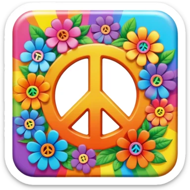 Beveled square shaped psychedelic colored button with rainbow colored hippie style 3D flowers and a peace sign in the center sticker
