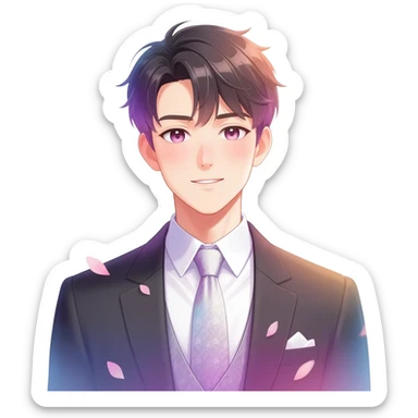 Gorgeous romantic anime style Asian formal modern gentlemanly guy with pretty hair and flower petals and blushing face aesthetic trending style with colorful gradient colors  pastelcore cottagecore kawaiicore sticker