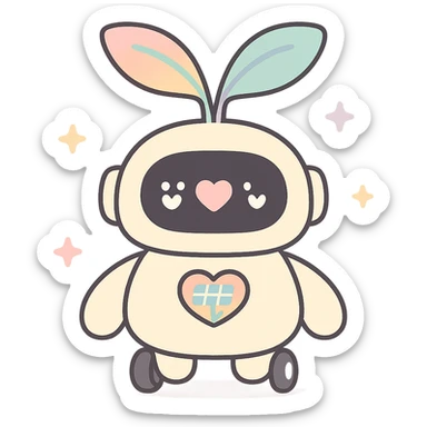 Plushy, rounded seedling robot with soft, plush-like forms. Its body resembles a young sprout with smooth lines. Large round sensor-display eyes that change expressions (❤️ for good harvest, ⚠️ for problems). Two movable leaf antennas on the head that move when working (one twitches when collecting data, both rise up when analysis is successful). On the chest — a stylized heart with solar panels that glows softly when charging. Short, slightly clumsy arms and legs like a baby robot. On the paws — suckers or tiny wheels to "roll" around the greenhouse. sticker