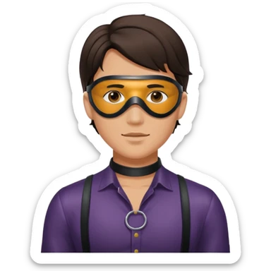 brunette young adult man with leather eye mask and leather halter neck blouse sticker