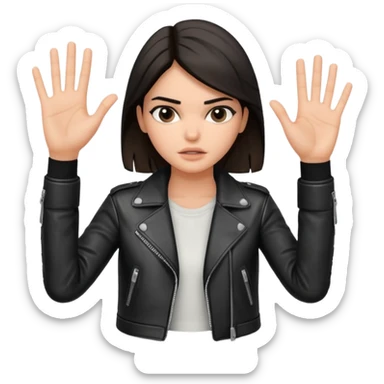 kendall jenner looking anoyed and showing one palm which is small signalising stop sticker