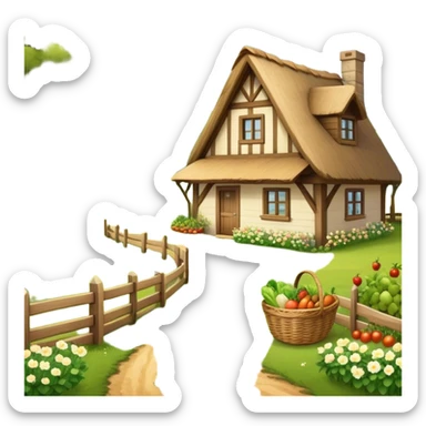 Icon for Rural Tourism: a peaceful countryside scene with a wooden cottage, a dirt path, grazing animals, and a basket of fresh produce. The icon should represent the tranquility and charm of rural life. Transparent background. sticker
