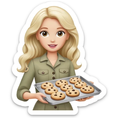 A white Barbie girl with long dark brown wave hair in a pale olive clothes holds a Baking tray with cookies sticker
