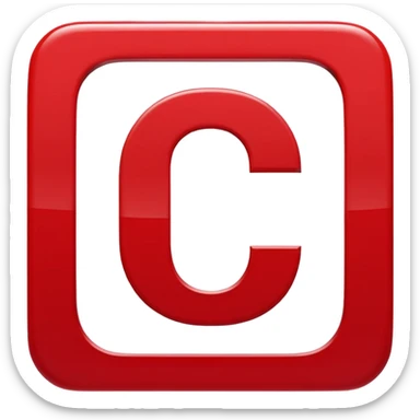 A bold white capital letter "C" centered inside a red rounded square, flat emoji design, glossy shiny light reflection on the top left, same style as 🅱️ emoji, simple and clean, transparent background, no extra elements sticker