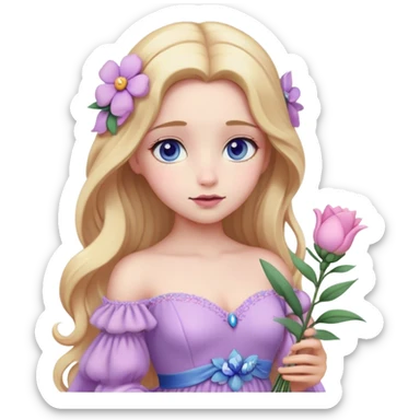 Cinematic Realistic Rapunzel Portrait, with porcelain-like skin featuring a subtle, natural glow, illuminated by soft lighting that brings out the gentle contours of her face. Her long, golden blonde hair cascades in detailed waves, each strand highlighted with a radiant shimmer as it catches the light. She playfully holds a flower in one hand, her other hand resting casually in her lap, with a warm and spirited expression. Her bright, expressive green eyes exude curiosity and warmth, framed by delicate lashes and soft, arched brows. She is dressed in her classic lavender and pink gown, the fabric textured with delicate folds that flow naturally, catching the light with a soft, radiant glow. The portrait captures a luminous, enchanting aura, seamlessly blending realism with a whimsical, fairytale charm, evoking a timeless sense of beauty and magic. sticker