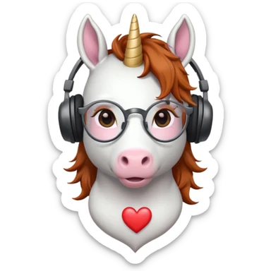 headphone wearing white unicorn with dark ginger hair and heart shaped spectacles very unicorn looking sticker