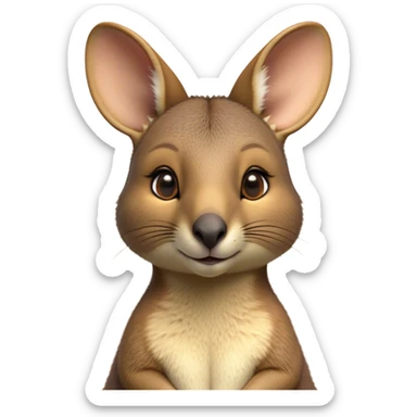 Cinematic Noble Wallaby Portrait Emoji, Poised and regal, with a compact, agile build and a soft, well-groomed fur of warm tan and light brown hues, deep-set soulful amber eyes and perky ears, Simplified yet sharp and sophisticated features, highly detailed, glowing with a soft, dignified glow, high shine, intelligent and spry, stylized with an air of bushland elegance, focused and attentive, soft glowing outline, capturing the essence of a watchful and confident marsupial, so majestic it feels as though it could hop out of the screen with effortless authority! sticker