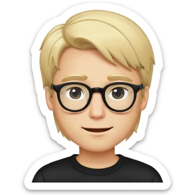 A cute guy with blond hair and slightly longer than usual hair, wearing strict glasses, a black sweater, winks sticker