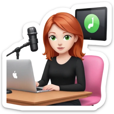 Redhead with green eyes sat at desk with pink MacBook and  podcast microphone black top and pink chair  sticker