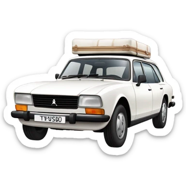 a white peugeot 504 break car with luggage on the roof sticker