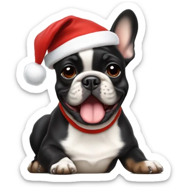 A small, black-and-tan French bulldog with a mostly black face and tan paws, wearing a classic red and white Santa hat, sitting happily with its tongue slightly out. sticker