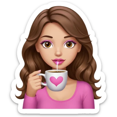 girl with long wavy brown hair, brown eyes, light to medium complexion, in a pink sexy top, pink lips, long lashes, sipping coffee sticker