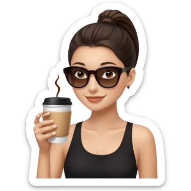 generate a pretty fair bratz girl with dark brown eyes, dark brown eyes tied into a slick back ponytail, thin brown sunglasses. Wearing a black cami top and drinking coffee, high cheekbones sticker