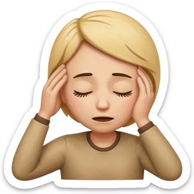 Apple-style emoji of a face with closed eyes, hand on forehead, looking stressed or lost in thought representing 고민 (deep thought) sticker