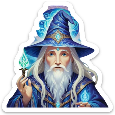 A luminescent enchanting Wizard, his ethereal presence shimmering with otherworldly energy, each detail radiating with mystical power and ancient wisdom. The painting, a masterpiece of acrylic art, captures the Wizards hauntingly beautiful visage in exquisite detail. Swirls of cosmic colors dance around him, evoking a sense of celestial wonder, while intricate patterns of glowing runes adorn his intricate robe. The image is vivid and captivating, drawing viewers into a mesmerizing realm of fantasy and magic. sticker