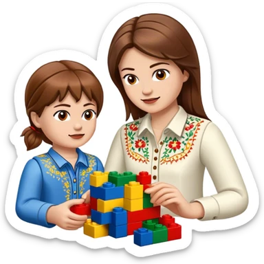 a Ukrainian girl with brown hair in an embroidered shirt and a Ukrainian boy in an embroidered shirt and Lego bricks sticker