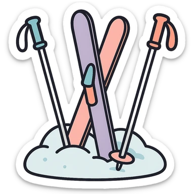 cross-country skis and poles on the sides, all stuck at different angles into a snowdrift, detailed shading, thin clean outlines, soft rounded features, pastel palette #98B5BC #B5B3C1 #C9A3C9 #E4C0CA #F7DCD1 #F7C0AA, Japanese pop art, sticker look, highly detailed, vector clarity, soft lighting, subtle shadows, transparent background sticker