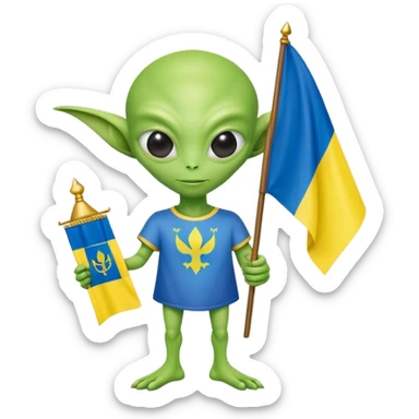 Green alien in Shirt 👚 with 🇺🇦 Ukraine flag in a hand and 🇷🇺 Russia flag sticker