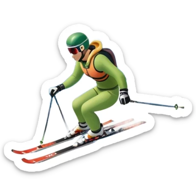 An icon featuring snowy peaks, pine trees, and a picturesque mountain landscape with a skier racing down a snow-covered slope, The sky is blue with soft clouds, capturing the thrill and beauty of alpine skiing. Transparent background highlights the excitement and serenity of winter sports. sticker