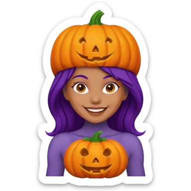 A naked woman with bare chest wears a carved pumpkin on its head with purple skin sticker