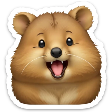cinematic-realistic  yawning quokka-emoji,-small-round-frame, head tilted in an endearing manner, wouth wide open yawning, sleepy comical smile, round fluffy cheeks, giant-fluffy-cheeks-large-smile-fluffy-brown-fur-radiating-a-warm-softness,-big-round-eyes-filled-with-joy, realistic round  fluffy zoomed in, large black eyes one paw raised in the air sticker