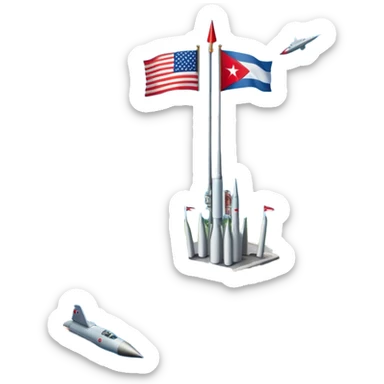 Cuba during the Cold War with Cuban island in the center, US and USSR flags on either side, missiles, tense atmosphere sticker