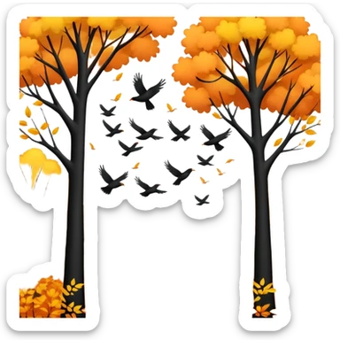 a flock of birds flying above trees with orange and yellow leaves, autumn scene sticker