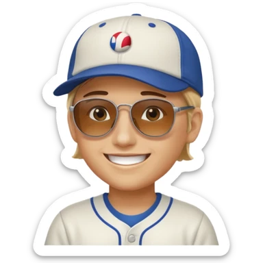 smiling face with sunglasses wearing a baseball cap, cap backwards sticker