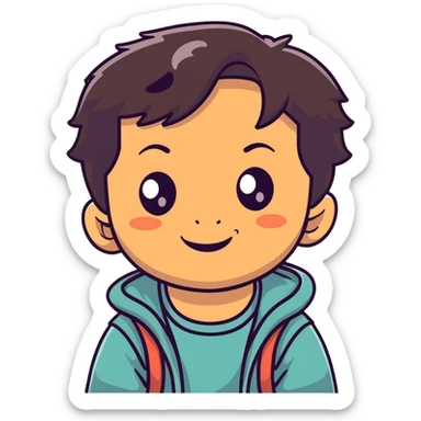 close-up of round smiling toddler boy face only with big eyes, medium skin tone, dark wavy hair, no neck visible, just the face sticker