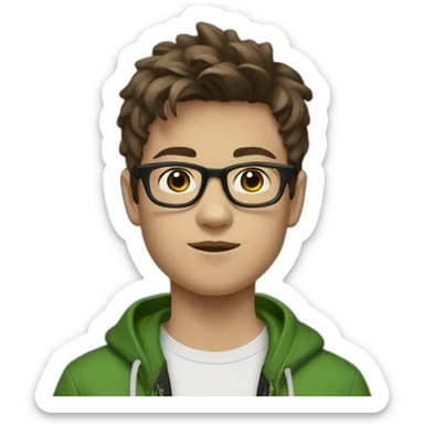 A 13 year old boy with brown hair and black square glasses standing and wearing baggy jeans and white sneakers and a green sweatshirt sticker