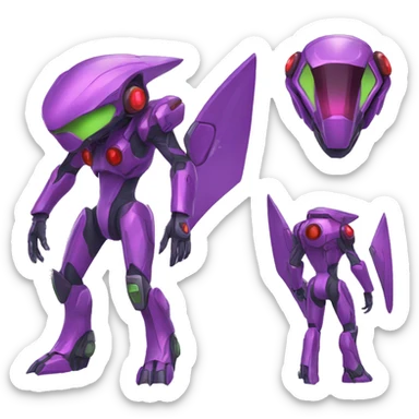 a shiny purple-green-red Genesect-Raptor-Fakémon—hybrid with a futuristic visor-helmet full body sticker