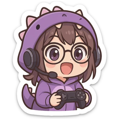 chibi anime style gamer girl with glasses, brown hair, dark purple eyes, wearing a purple dinosaur costume, excited emote, no controller sticker