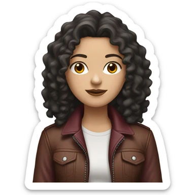 long black curly hair white girl wearing a brown tshirt and a light burgundy biker jacket sticker