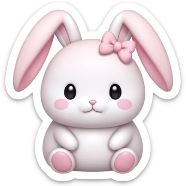 A pudgy bunny in authentic Sanrio style exactly like My Melody, two long floppy ears, round face, very minimal facial features with just simple eyes and tiny mouth, tiny spikes, light pink and white colors, small bow, ultra kawaii and simple sticker