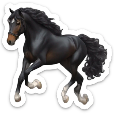 a  JET BLACK HORSE JUMPING AN OBTACLE, tHE HORSES RIDER IS A YOUNG FEMALE WITH LONG CURLY BRUNNET HAIR OF A REDDISH HUE sticker
